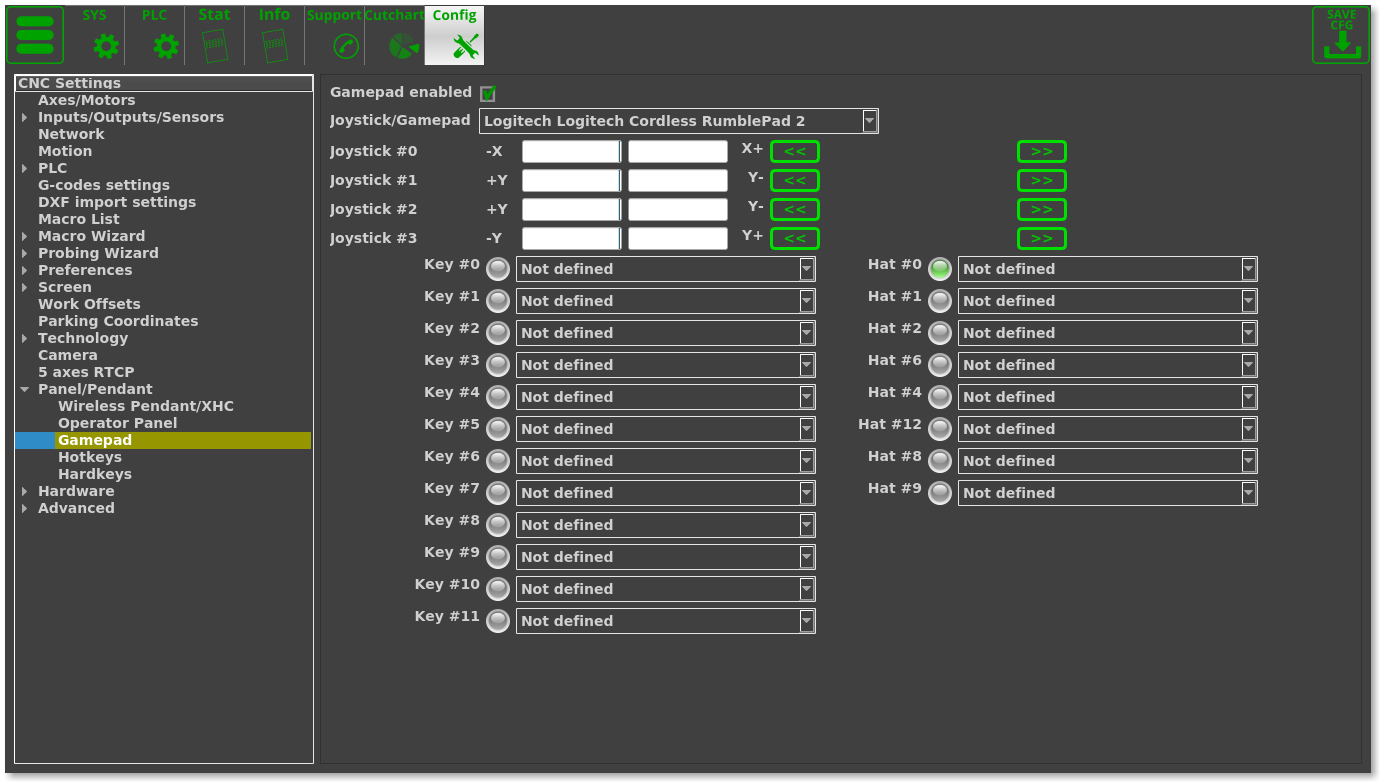 myCNC advanced CNC control, software Gamepad controller settings